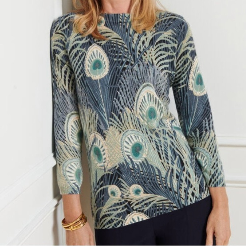 Talbots Cashmere Sweater Pure Peacock Feather Print 3/4 Sleeve Women’s Sz Small